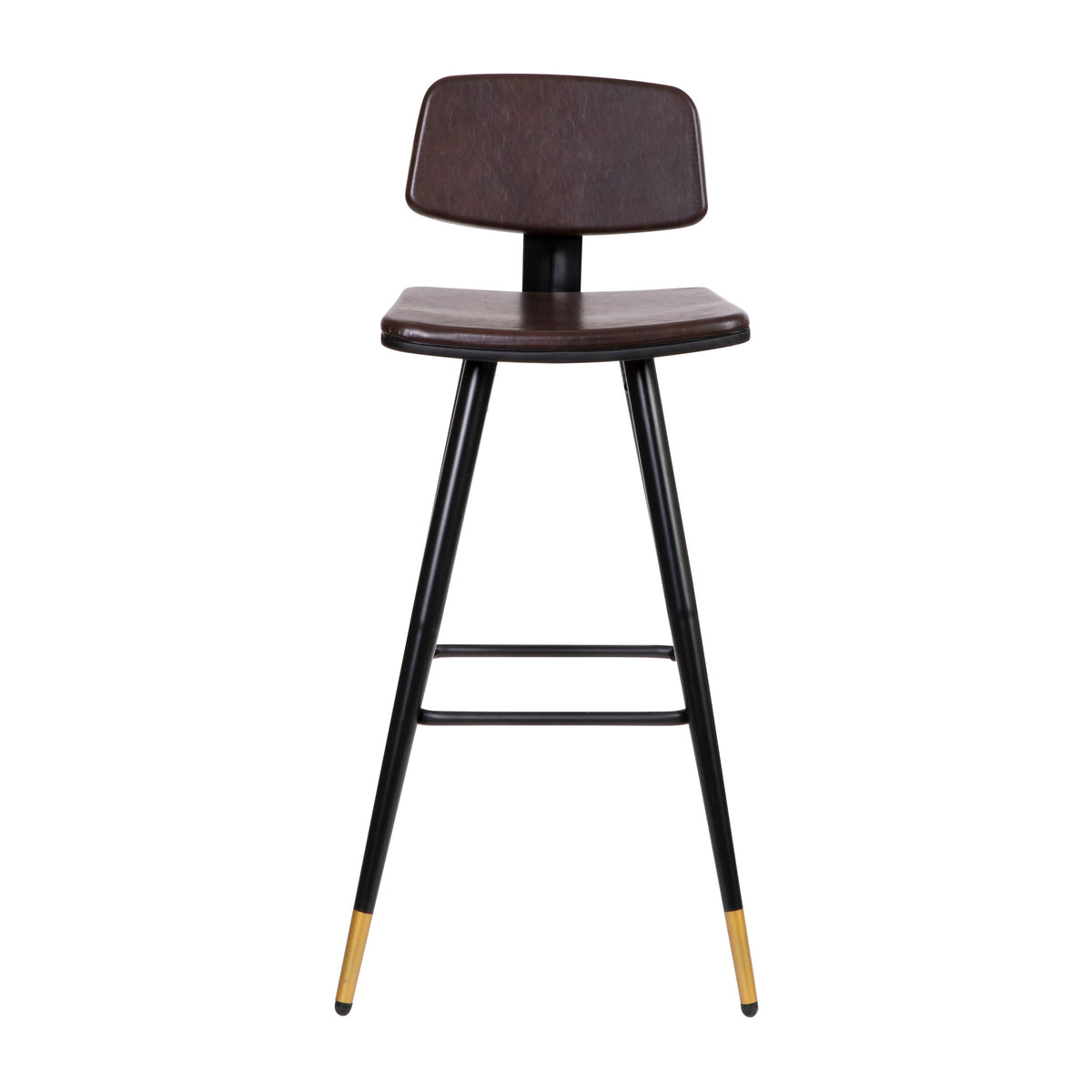 Brown |#| Set of 2 Brown LeatherSoft Barstools with Black Iron Frame and Gold Tipped Legs