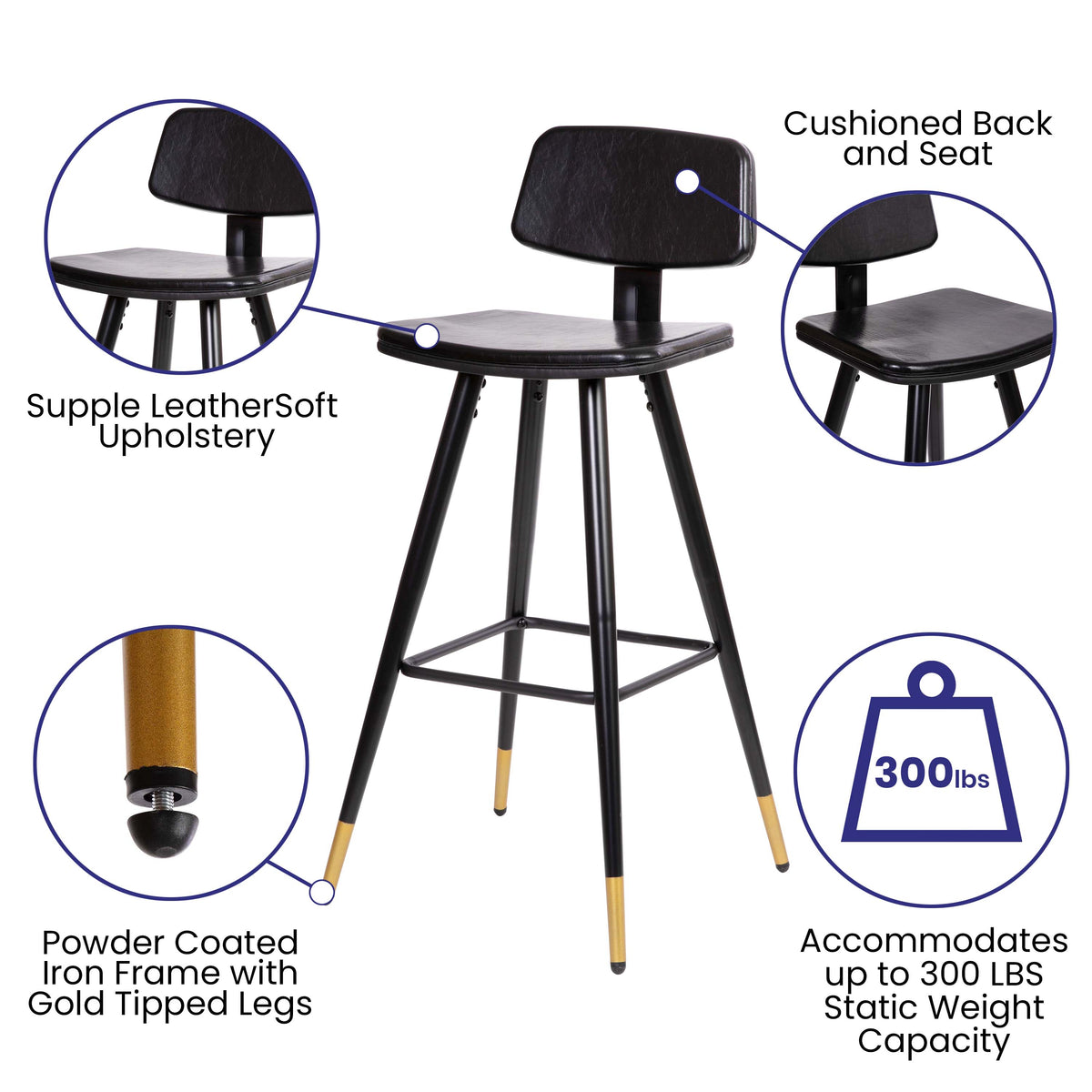 Black |#| Set of 2 Black LeatherSoft Barstools with Black Iron Frame and Gold Tipped Legs