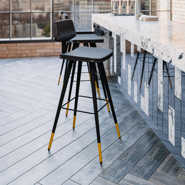 Black |#| Set of 2 Black LeatherSoft Barstools with Black Iron Frame and Gold Tipped Legs