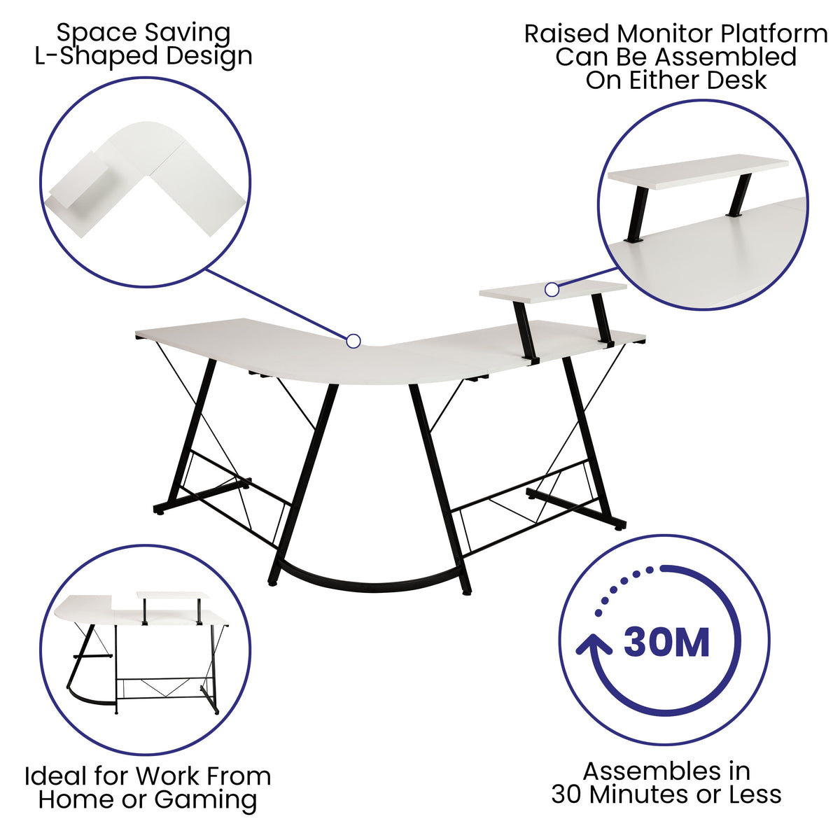 White Top/Black Frame |#| L-Shaped Computer White Desk, Gaming Desk, Home Office Desk, Black Frame