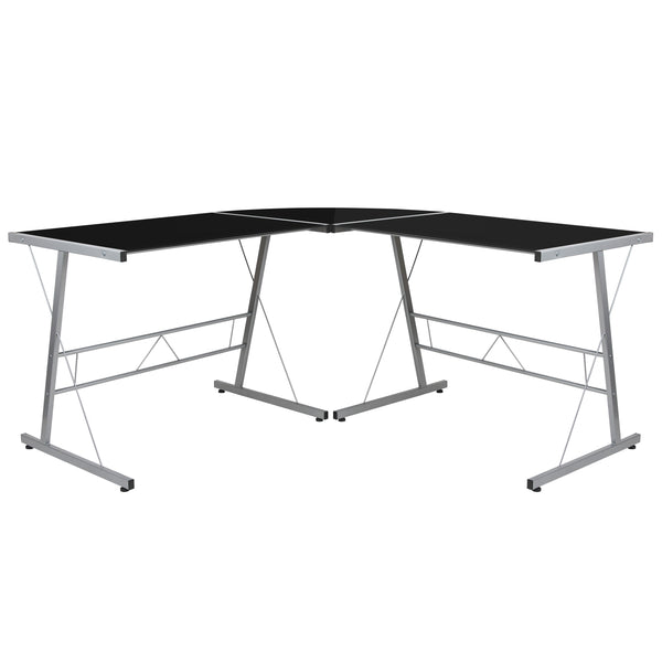 Black Top/Silver Frame |#| L-Shaped Computer Corner Glass Desk, Gaming Desk, Home Office Corner Desk, Black