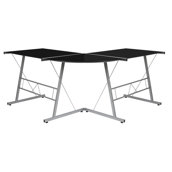 Black Top/Silver Frame |#| L-Shaped Computer Corner Glass Desk, Gaming Desk, Home Office Corner Desk, Black