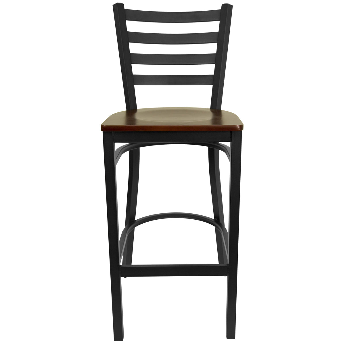 Mahogany Wood Seat/Black Metal Frame |#| Black Ladder Back Metal Restaurant Barstool - Mahogany Wood Seat