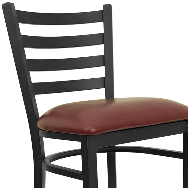 Burgundy Vinyl Seat/Black Metal Frame |#| Black Ladder Back Metal Restaurant Barstool - Burgundy Vinyl Seat