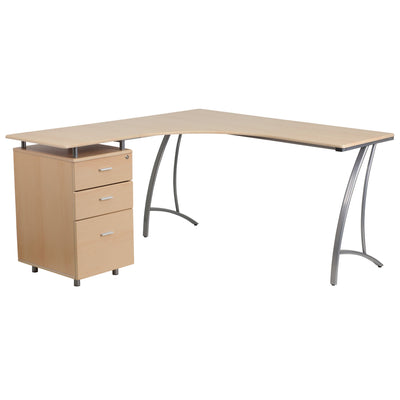 Laminate L-Shape Desk with Three Drawer Pedestal - View 1