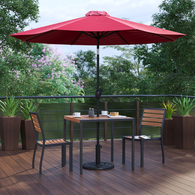 Lark 5 Piece All-Weather Deck or Patio Set with Stacking Faux Teak Chairs, Faux Teak Table & Umbrella with Base