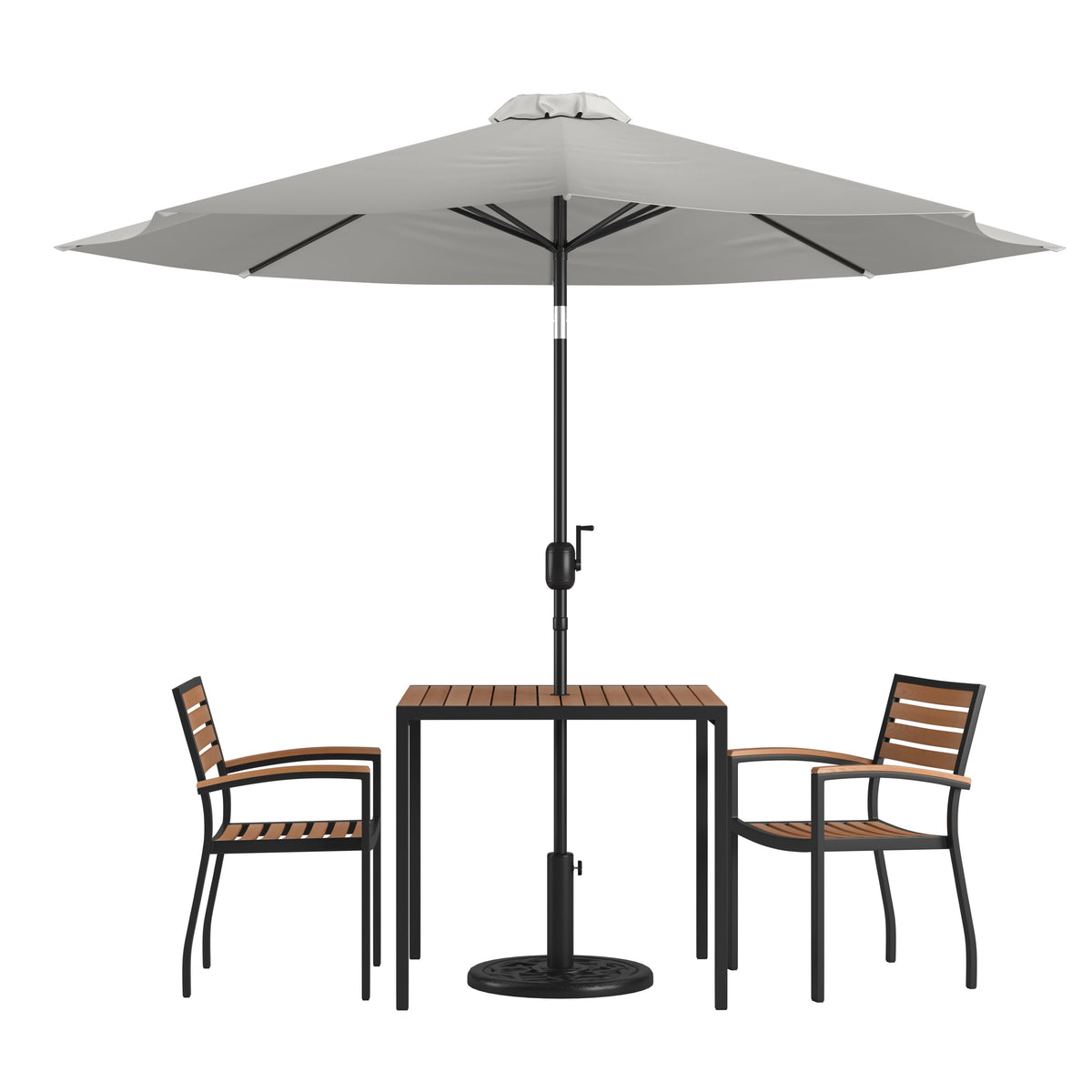 Gray |#| 35inch Square Faux Teak Patio Table, 2 Chairs and Gray 9FT Patio Umbrella with Base