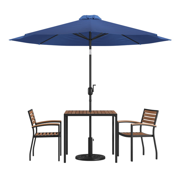 Navy |#| 35inch Square Faux Teak Patio Table, 2 Chairs and Navy 9FT Patio Umbrella with Base