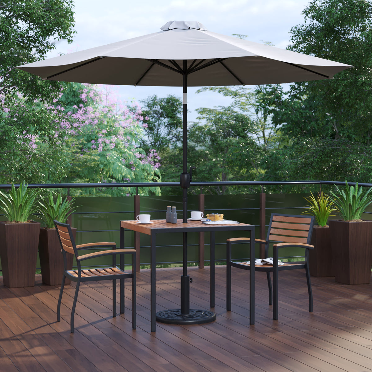 Gray |#| 35inch Square Faux Teak Patio Table, 2 Chairs and Gray 9FT Patio Umbrella with Base