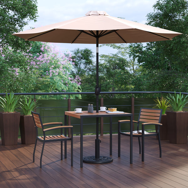 Tan |#| 35inch Square Faux Teak Patio Table, 2 Chairs and Tan 9FT Patio Umbrella with Base