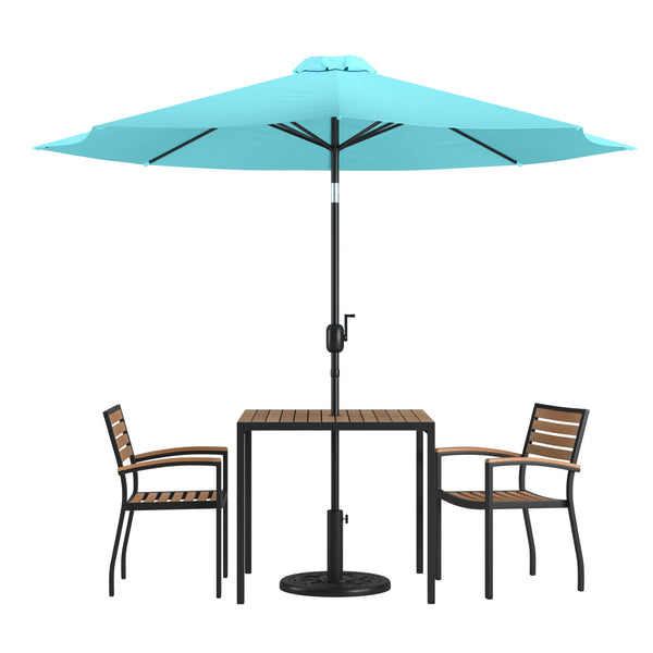 Teal |#| 35inch Square Faux Teak Patio Table, 2 Chairs and Teal 9FT Patio Umbrella with Base