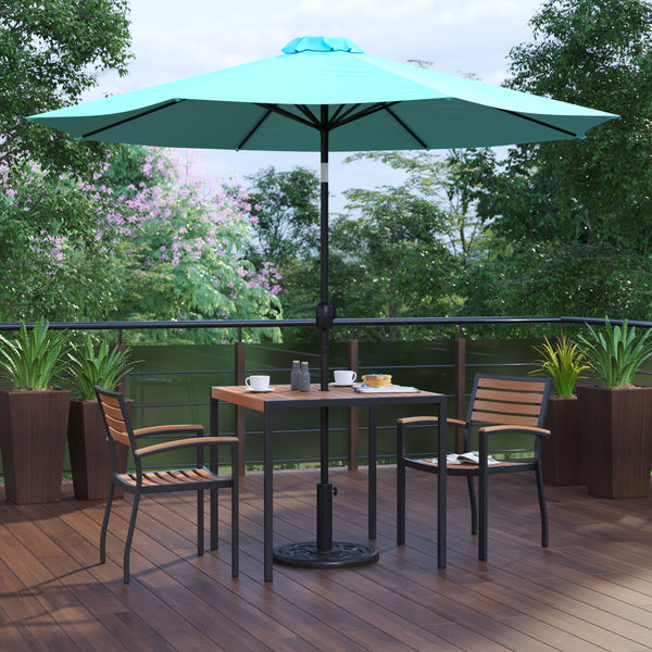 Teal |#| 35inch Square Faux Teak Patio Table, 2 Chairs and Teal 9FT Patio Umbrella with Base