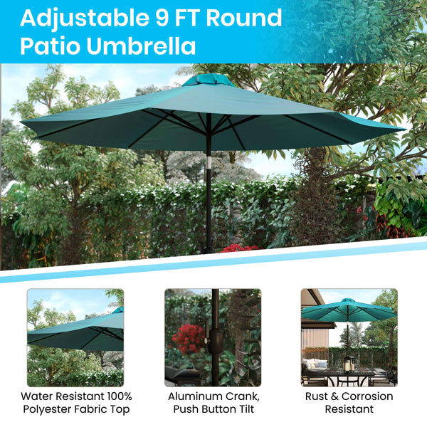 Teal |#| 35inch Square Faux Teak Patio Table, 2 Chairs and Teal 9FT Patio Umbrella with Base