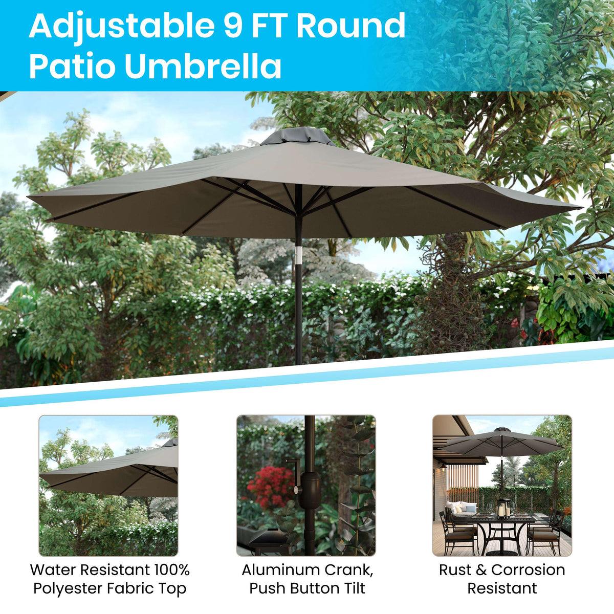 Gray |#| 35inch Square Faux Teak Patio Table, 2 Chairs and Gray 9FT Patio Umbrella with Base