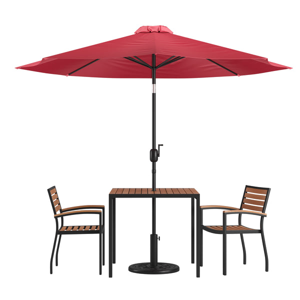 Red |#| 35inch Square Faux Teak Patio Table, 2 Chairs and Red 9FT Patio Umbrella with Base