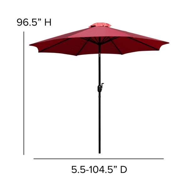 Red |#| 35inch Square Faux Teak Patio Table, 2 Chairs and Red 9FT Patio Umbrella with Base