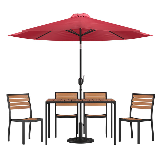 faux wood dining set patio umbrella Faux Teak Patio Table & Chairs XU-DG-304860364-UB19- – Church Chairs 4 Less