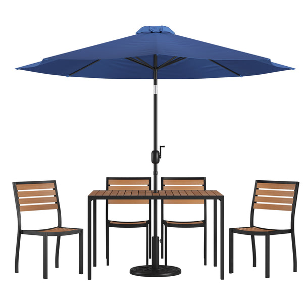 faux wood dining set patio umbrella Foristern Wooden Outdoor with Hole for 8 People, 8 in umbrella 7pc Outdoor Dining Set with