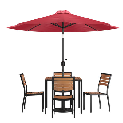 Lark 7 Piece All-Weather Deck or Patio Set with Stacking Faux Teak Chairs, Faux Teak Table & Umbrella with Base