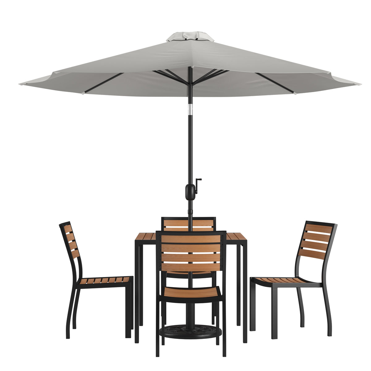Gray |#| Faux Teak 35inch Square Patio Table, 4 Chairs & Gray 9FT Patio Umbrella with Base