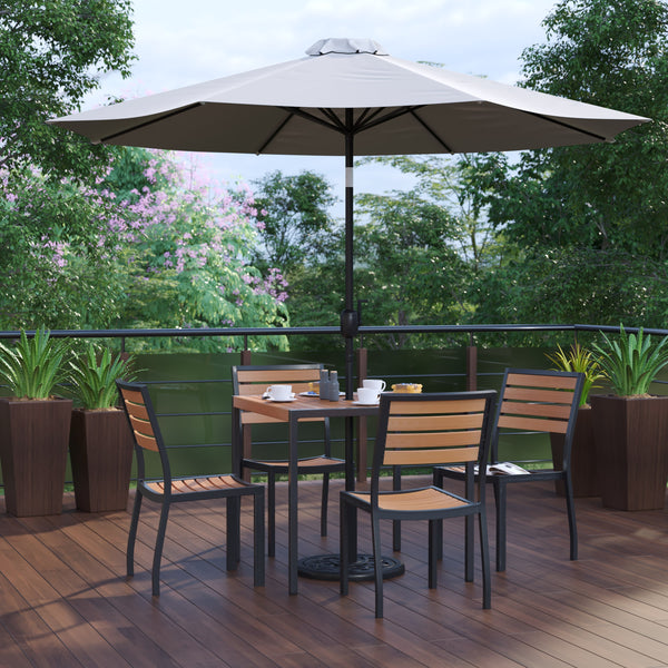 Gray |#| Faux Teak 35inch Square Patio Table, 4 Chairs & Gray 9FT Patio Umbrella with Base