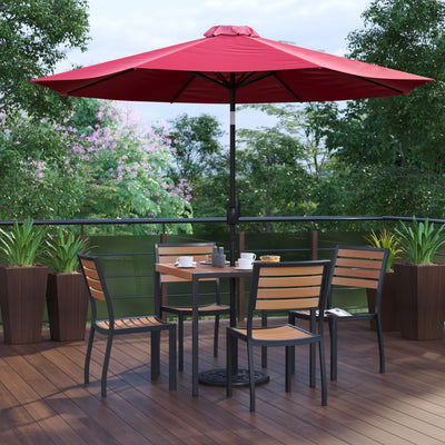 Lark 7 Piece All-Weather Deck or Patio Set with Stacking Faux Teak Chairs, Faux Teak Table & Umbrella with Base