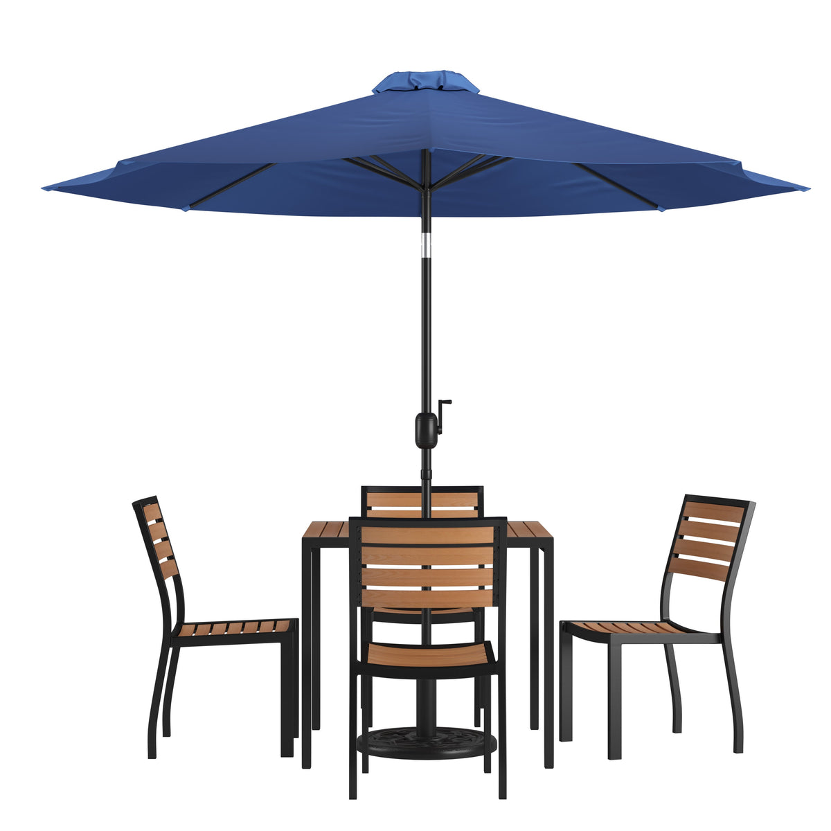 Navy |#| Faux Teak 35inch Square Patio Table, 4 Chairs & Navy 9FT Patio Umbrella with Base