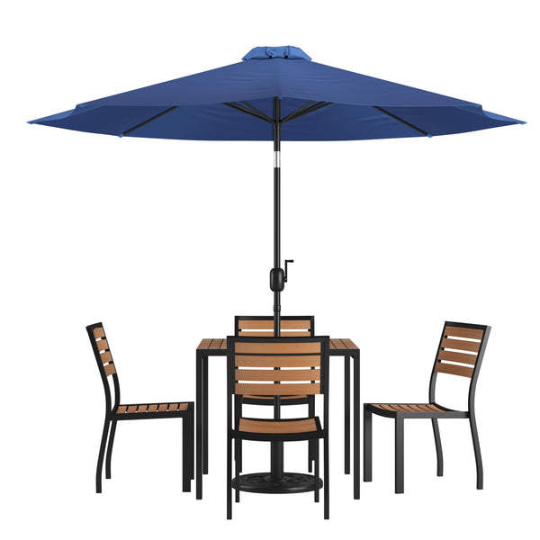 Navy |#| Faux Teak 35inch Square Patio Table, 4 Chairs & Navy 9FT Patio Umbrella with Base