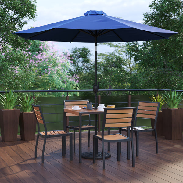 Navy |#| Faux Teak 35inch Square Patio Table, 4 Chairs & Navy 9FT Patio Umbrella with Base
