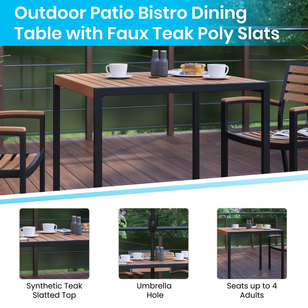 Red |#| Faux Teak 35inch Square Patio Table, 4 Chairs & Red 9FT Patio Umbrella with Base