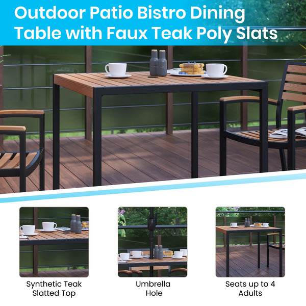 Red |#| Faux Teak 35inch Square Patio Table, 4 Chairs & Red 9FT Patio Umbrella with Base