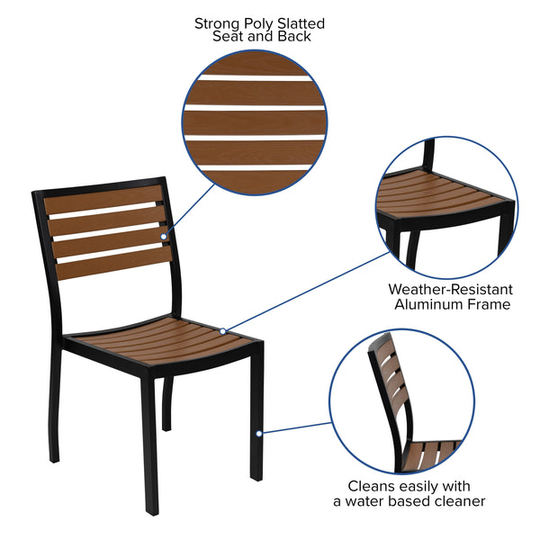 Red |#| Faux Teak 35inch Square Patio Table, 4 Chairs & Red 9FT Patio Umbrella with Base
