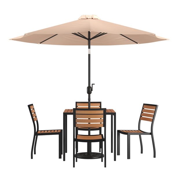 Tan |#| Faux Teak 35inch Square Patio Table, 4 Chairs & Tan 9FT Patio Umbrella with Base