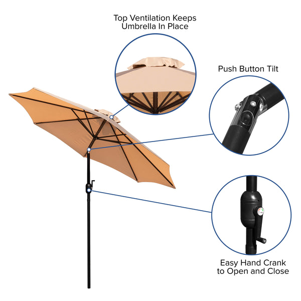 Tan |#| Faux Teak 35inch Square Patio Table, 4 Chairs & Tan 9FT Patio Umbrella with Base