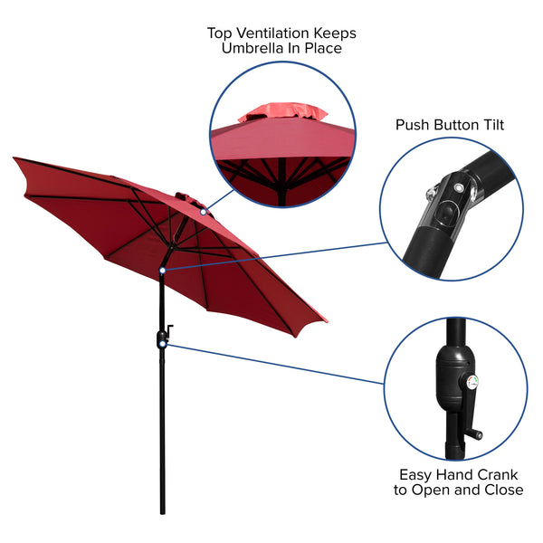 Red |#| Faux Teak 35inch Square Patio Table, 4 Chairs & Red 9FT Patio Umbrella with Base