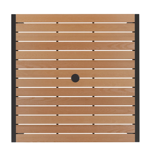 Tan |#| Faux Teak 35inch Square Patio Table, 4 Chairs & Tan 9FT Patio Umbrella with Base
