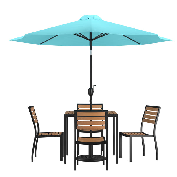 Teal |#| Faux Teak 35inch Square Patio Table, 4 Chairs & Teal 9FT Patio Umbrella with Base