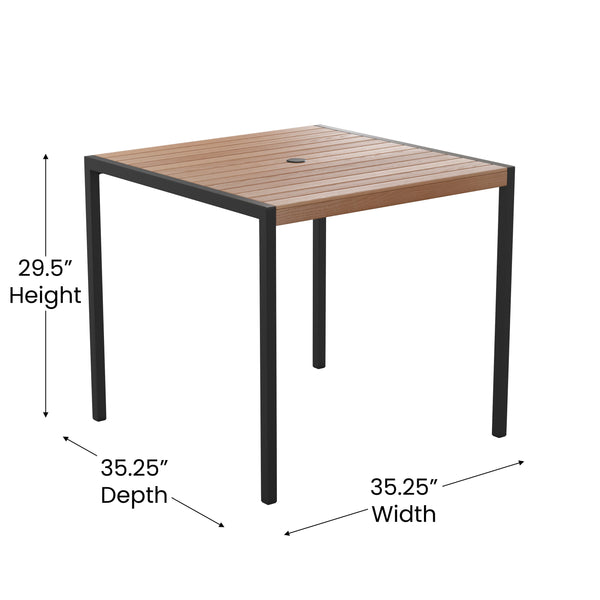 Red |#| Faux Teak 35inch Square Patio Table, 4 Chairs & Red 9FT Patio Umbrella with Base