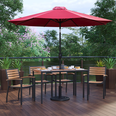 Lark 7 Piece Outdoor Patio Dining Table Set with 4 Synthetic Teak Stackable Chairs, Lark 30" x 48" Table & Umbrella with Base - View 2