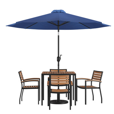 Lark 7 Piece Outdoor Patio Table Set with 4 Synthetic Teak Stackable Chairs, Lark 3Lark 5