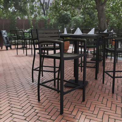 Lark Commercial Grade Bar Height Stool with Arms, All-Weather Outdoor Bar Stool with Faux Wood Poly Resin Slats and Aluminum Frame - View 2