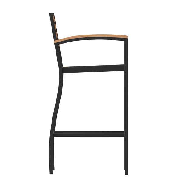Teak |#| Commercial Grade Outdoor Bar Stool with Armrests and Poly Resin Slats - Teak
