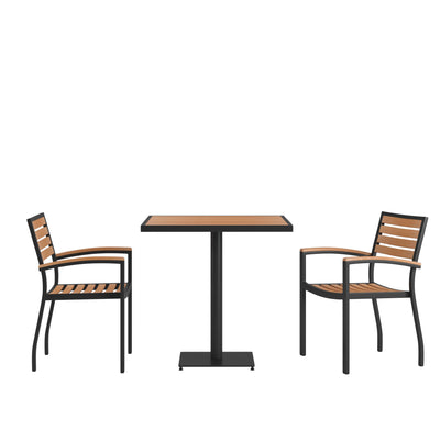 Lark Indoor/Outdoor 3 Piece Patio Dining Table Set with Faux Teak Table & 2 Stacking Club Chairs with Teak Accented Arms - View 1