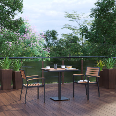 Lark Indoor/Outdoor 3 Piece Patio Dining Table Set with Faux Teak Table & 2 Stacking Club Chairs with Teak Accented Arms - View 2