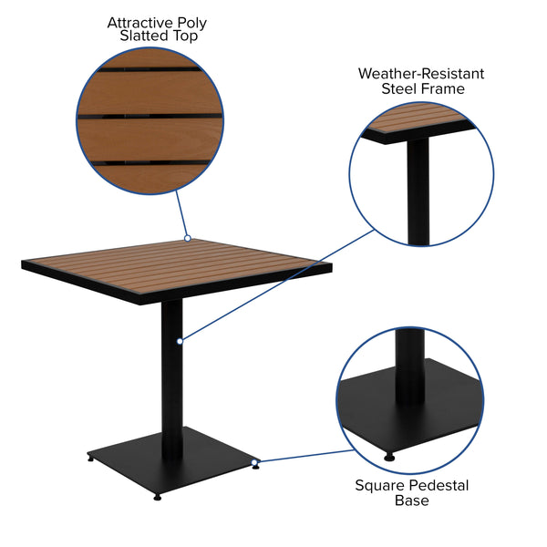 2 Faux Teak Accented Club Chairs - 30inch Square Faux Teak Patio Table Set