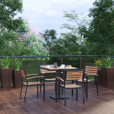 Lark Indoor/Outdoor 5 Piece Patio Dining Table Set with Faux Teak Table & 4 Stacking Club Chairs with Teak Accented Arms - View 2