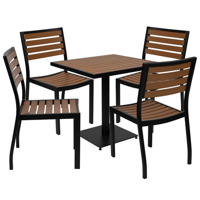 Lark Outdoor Patio Bistro Dining Table Set with 4 Chairs and Faux Teak Poly Slats