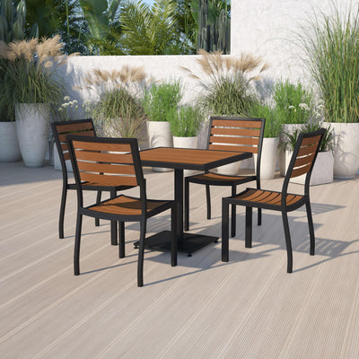 Lark Outdoor Patio Bistro Dining Table Set with 4 Chairs and Faux Teak Poly Slats