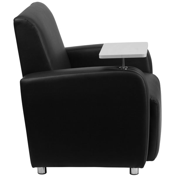 Black |#| Black LeatherSoft Guest Chair with Tablet Arm, Chrome Legs and Cup Holder