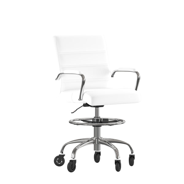 White |#| Drafting Chair with Roller Wheels, Adjustable Foot Ring - White LeatherSoft